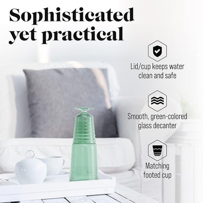 American Atelier Bedside Water Carafe with Tumbler | Pitcher and Footed Drinking Glass | Use Cup as Lid for Carafe | For Guest Room, Nightstand, Office, or Gift | American Atelier 32 Oz (Green)