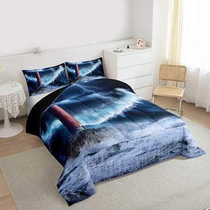 Erosebridal Lighthouse Comforter Set Full Nautical Duvet Set Surfing Ocean Wave Quilt Set Coastal Nature Theme Quilted Duvet for Kids Boys Girls Teens Bedroom Living Room Decorative, Blue