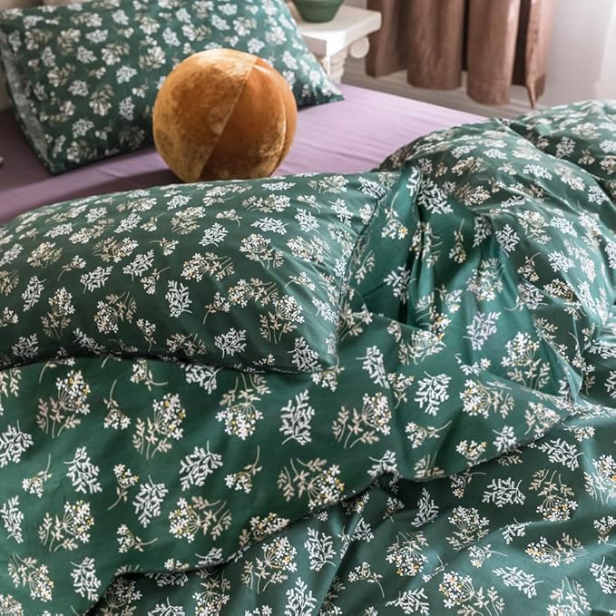 mixinni Twin XL Comforter Set Floral, Green Comforter Twin XL Size Fluffy, Cottagecore White Small Flowers Leaves Comforter with 2 Pillow Cases for All Seasons-3 Pieces