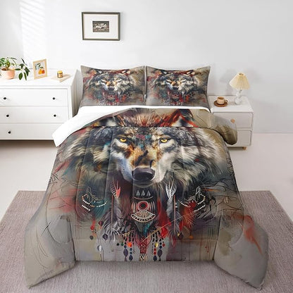 Erosebridal Hunting Wolf King Comforter Set,Indian Wolf Bedding Set for Women Men Bedroom Decor,Exotic Ethnic Tribal Bed Set Wild Animal Safari Bedding Comforter Sets,2 Pillowcases