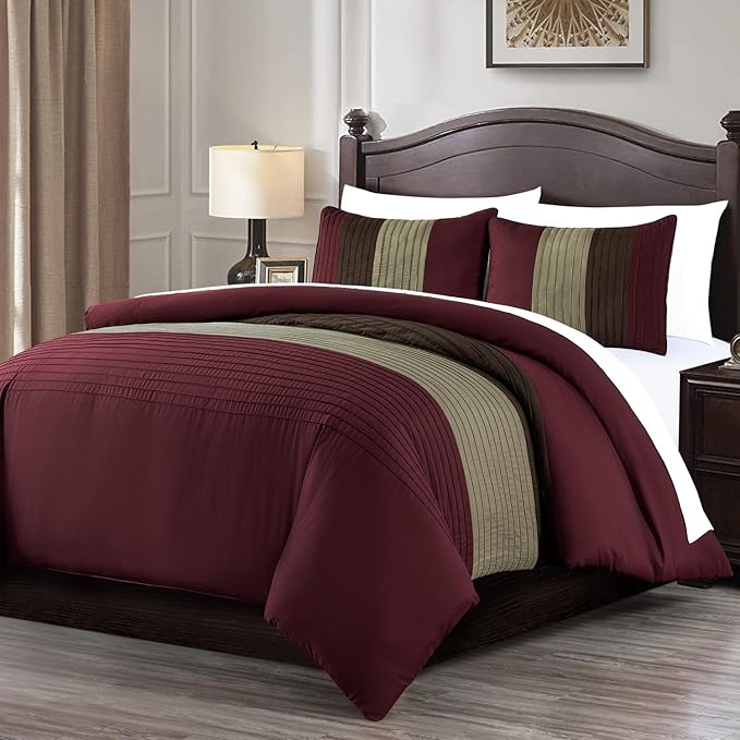 Chezmoi Collection Briar 7-Piece Full Bed in a Bag - All Season Lightweight Microfiber Comforter Set - Includes Sheets & Shams - Burgundy/Coffee/Brown Pleated Stripe Design