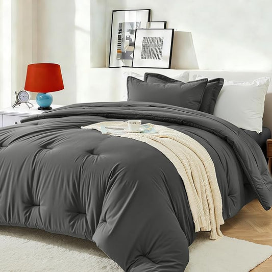 Twin Comforter Set 5 Pieces - Ultra-Soft Bed in a Bag Twin Size, Cozy Luxury All Season Bedding Sets with Comforter, Flat Sheet, Fitted Sheet, 1 Pillow Shams & 1 Pillowcases, Dark Gray