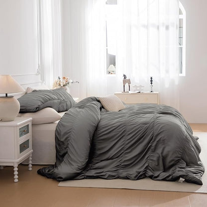 Masaca Grey Oversized King Comforter 120x120,Ruched Ruffle California King Comforter Oversized,Vintage Rustic Gray Shabby Farmhouse Boho Bedding Comforter for All Season