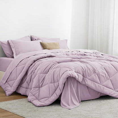 Love's cabin California King Comforter Set Light Purple, 7 Pieces California King Bed in a Bag, All Season Bedding Sets with 1 Comforter, 1 Flat Sheet, 1 Fitted Sheet, 2 Pillowcase and 2 Pillow Sham