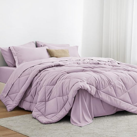 Love's cabin California King Comforter Set Light Purple, 7 Pieces California King Bed in a Bag, All Season Bedding Sets with 1 Comforter, 1 Flat Sheet, 1 Fitted Sheet, 2 Pillowcase and 2 Pillow Sham