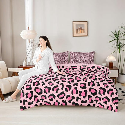 Pink Leopard Print Bedding Set 7 Pieces King,Wild Animal Skin Luxury Comforter Sets for Girl Boy Bedroom,African Cheetah Wildlife Fur 7pcs Bed in a Bag with Comforter,Sheets and Pillow Cases