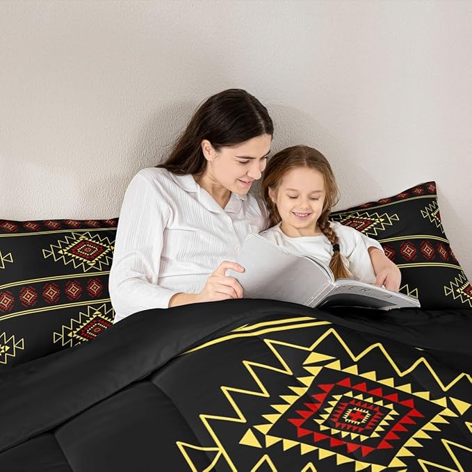 Western Aztec Queen Size Comforter Set, Native American Navajo Bedding Set for Boys Adult Teens, Southwestern Geometric Quilt Ethnic American Native Duvet Insert Rustic Farmhouse Decor,Black Yellow