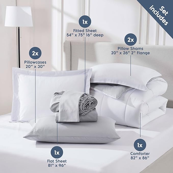 Nestl 7 Piece Full Comforter Set – White Reversible Bed in a Bag – Complete Full Size Bedding Set with Sheets, Pillowcases and Shams