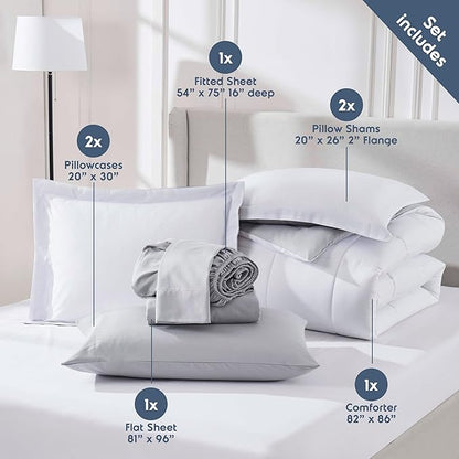 Nestl 7 Piece Full Comforter Set – White Reversible Bed in a Bag – Complete Full Size Bedding Set with Sheets, Pillowcases and Shams