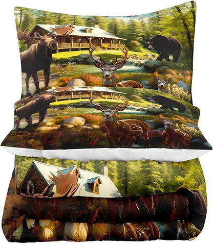 LUVIVIHOME 3PCS Rustic Bear Moose Deer Comforter Set Full Size, Cabin Bedding, Green Forest Animals Mallard Duck Wildlife Hunting Hunter Country Lodge Rustic Farmhouse Bedroom Decor, 2 Pillow Shams