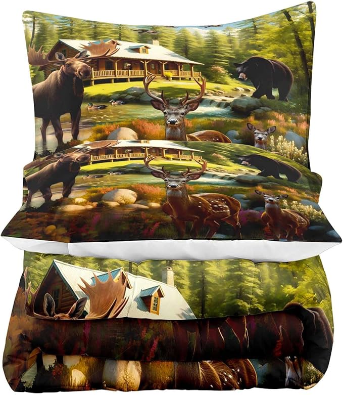 LUVIVIHOME 2PCS Rustic Bear Moose Deer Comforter Set Twin Size, Cabin Bedding, Green Forest Animals Mallard Duck Wildlife Hunting Hunter Country Lodge Rustic Farmhouse Bedroom Decor, 1 Pillow Sham