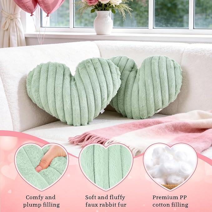 2 Pack Green Heart Pillow Decorative Throw Pillows, Fluffy Heart Shaped Pillow for Bed Couch Chair, St Patricks Day Decorations, Faux Fur Cute Love Pillow Cushion for Room Decor, 15" x 13"