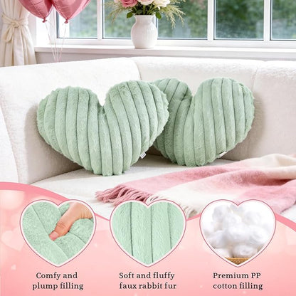 2 Pack Green Heart Pillow Decorative Throw Pillows, Fluffy Heart Shaped Pillow for Bed Couch Chair, St Patricks Day Decorations, Faux Fur Cute Love Pillow Cushion for Room Decor, 15" x 13"