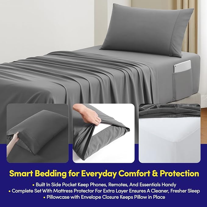 Twin XL Comforter Set College Dorm Bedding Bundle (Twin XL) – Dorm Upgrade with Comforter, Mattress Protector, Sheet Set & Sham — Stylish Quilted Stripe for Students & Shared Rooms, Black/Charcoal