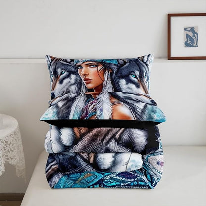 Erosebridal Indian Woman and Wolf Full Comforter Set,Hunting Wolf Bedding Set for Kids Adults Room Decor,Ethnic Tribal Boho Quilt Set Wild Animal Bedding Comforter Sets,2 Pillowcases