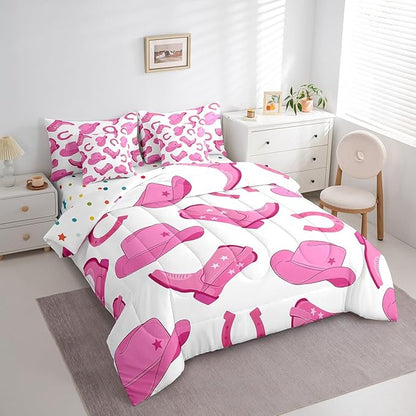 Feelyou Pink Western Cowgirl Comforter Set with Sheets Queen Size Kids West Cowboy 7 Pieces Bedding Set for Boys Girls Teens Rodeo Horseshoe Hat Bed in a Bag Grunge Design Bed Set