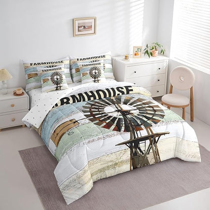 Erosebridal Farmhouse Windmill Comforter Set - 7 Pcs Rustic Decor Wooden Print Comforter Set with 1 Comforter, 1 Flat Sheet, 1 Fitted Sheet, 2 Pillowcases and 2 Throw Pillow Covers