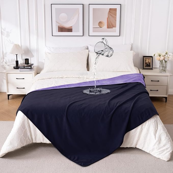 QiyI Waterproof Blanket for Bed Queen Size, Reversible Washable Pet-Friendly Flannel Throw Blanket, Leakproof Stain-Resistant Furniture Protector for Travel & Camping, 60"x80", Dk Purple/Lt Purple