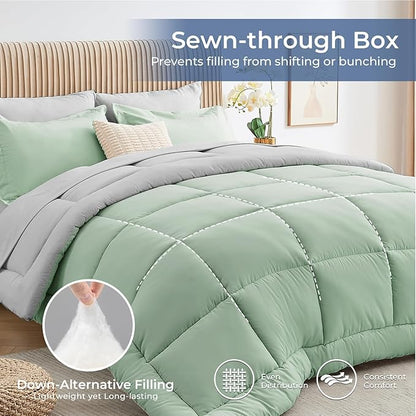 Sasttie Twin Comforter Set, 5 Pieces Reversible Bed in a Bag Twin, Complete Bedding Set Includes Comforter, Flat Sheet, Fitted Sheet, Pillowcase and Pillow Sham, Sage & Light Grey