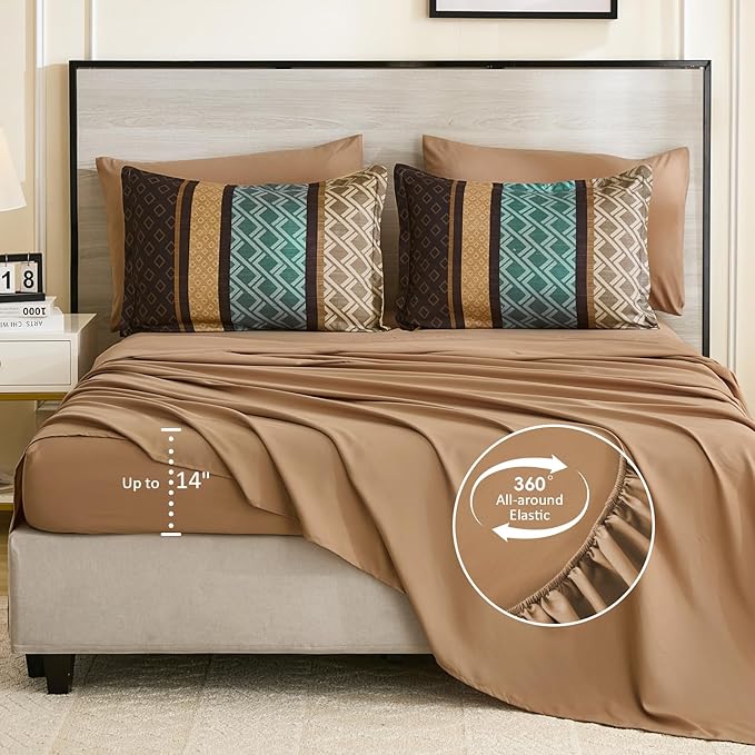 Cottolester Queen Comforter Set 7 Pieces Brown and Green Boho Striped Bed in a Bag,Soft Microfiber Complete Bedding Sets