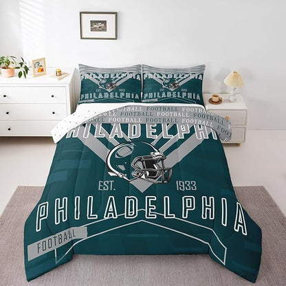 Feelyou Football Bedding Set Boys Girls Queen Size Rugby Sports Comforter Set Women Men Football City Duvet Quilt Gray Green Room Decor