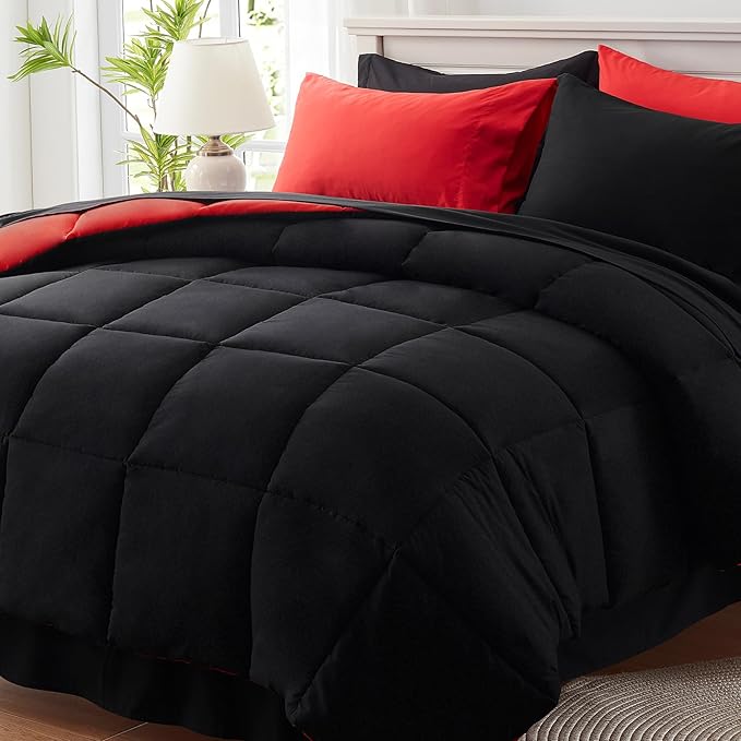 Anluoer California King Size Comforter Set 7 Pieces,Black Cal King Bed in a Bag with Comforter and Sheets,All Season Bedding Sets with Comforter,Pillow Shams,Pillowcases,Flat Sheet,Fitted Sheet