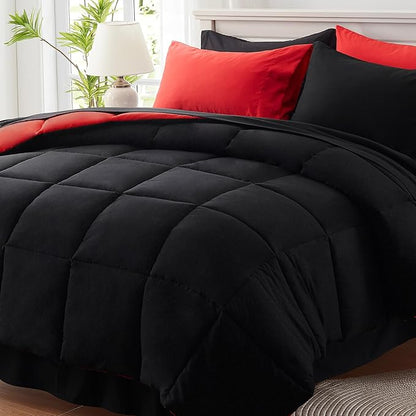Anluoer California King Size Comforter Set 7 Pieces,Black Cal King Bed in a Bag with Comforter and Sheets,All Season Bedding Sets with Comforter,Pillow Shams,Pillowcases,Flat Sheet,Fitted Sheet