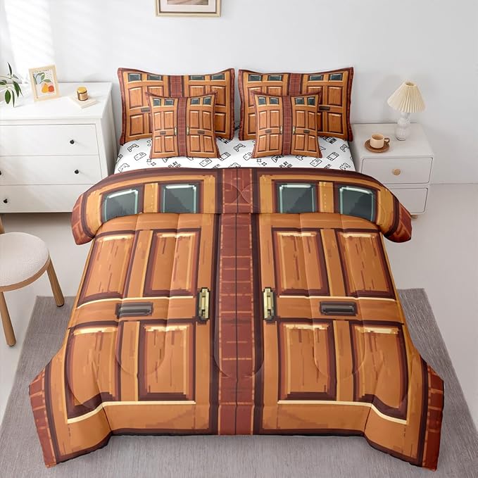Castle Fairy Video Games Comforter Set - 7 Pieces Twin Size,Miner Door All Season Reversible Bed in a Bag Brick Red Square Bedding Set Video Games Theme Flat Sheet,Fitted Sheet,Pillowcases