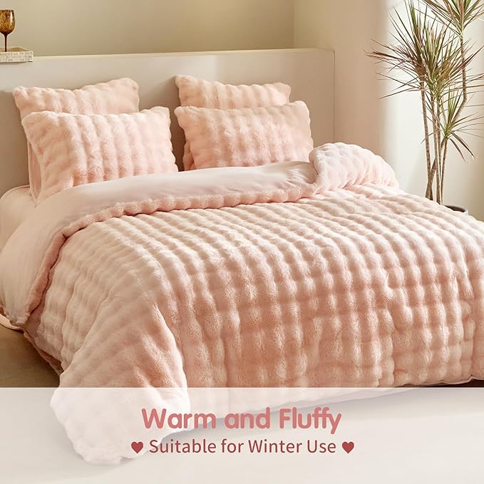 Tokokimo Faux Fur Comforter Set King Size, Ultra Soft Reversible Heavyweight Fluffy Bedding, Extra Warm Winter Comforter with 2 Pillow Cases, All Season Fuzzy Comforter Set, Pink