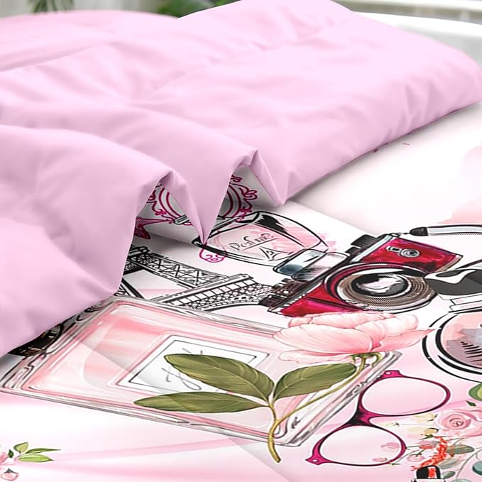 7 Pcs Comforter Set Queen Size, Paris Teen Girls Pink Bedding for Kids and Adults, Cute Makeup Perfume Bed Sheet Sets with Fitted Sheet 2 Pillowcases & 2 Shams for Bedroom Bed Decor