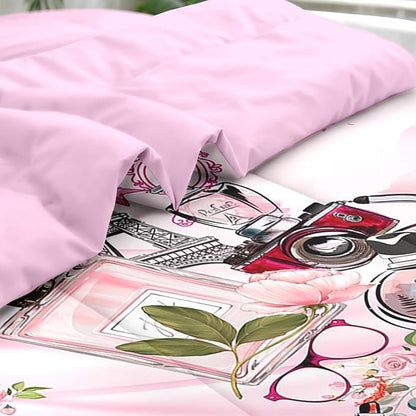 7 Pcs Comforter Set Queen Size, Paris Teen Girls Pink Bedding for Kids and Adults, Cute Makeup Perfume Bed Sheet Sets with Fitted Sheet 2 Pillowcases & 2 Shams for Bedroom Bed Decor