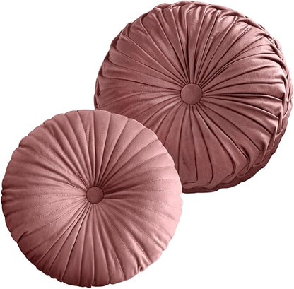 2 Pcs Round Throw Pillows Pleated Velvet Pumpkin Round Pillows Floor Cushion for Living Room Couch Chair Bed Sofa 15.7"x15.7"/13.8" x 13.8" (Blush)