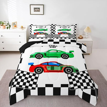 jejeloiu Boys Cartoon Racer Car Bedding Set King Size Black White Checkerboard Comforter Set for Kids Green Red Duvet Set Cute Car Quilt Set 3Pcs
