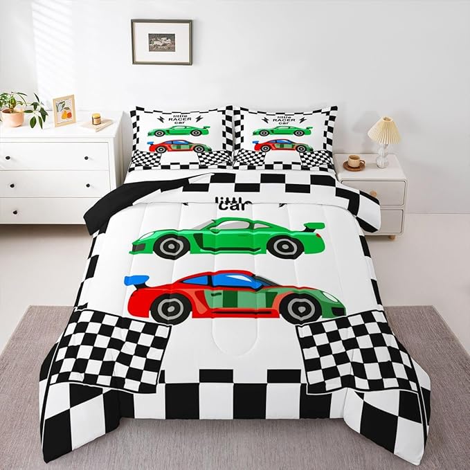 jejeloiu Boys Cartoon Racer Car Bedding Set Toddle Size Black White Checkerboard Comforter Set for Kids Green Red Duvet Set Cute Car Quilt Set 2Pcs