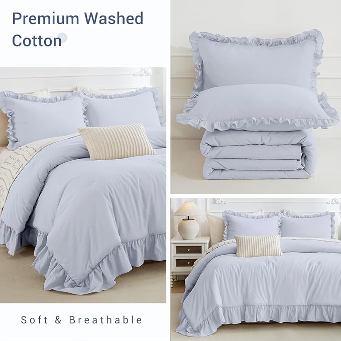 CozyTide Ruffled Comforter Set for Queen Bed,Cotton Farmhouse Shabby Boho Chic Bedding Set Lightweight Ultra Soft French Country Vintage Bedding (1 Cornflower Blue Comforter +2 Pillowcases)