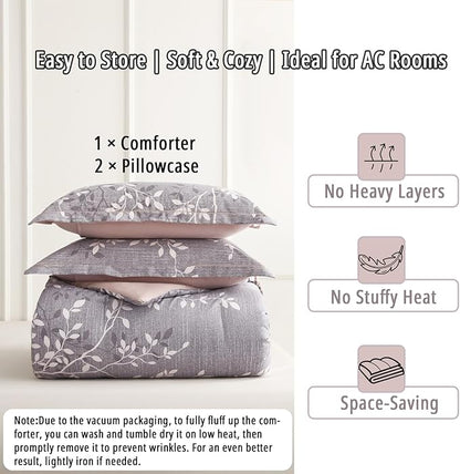 Vintage Gray Cotton Comforter Queen Size 3Pcs - Luxurious Design with White & Charcoal Branches Pattern, Elegant Dusty Pink Reversible Lightweight Bedding Sets with Soft Fill(90"×90")