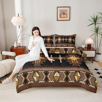 Erosebridal Boys King Western Aztec Comforter Set, Boho Southwestern Bedding Set Brown Primitive Tribal Bedding Comforter Sets Boho Vintage Rural Quilt American Native Bedroom Decor for Teens