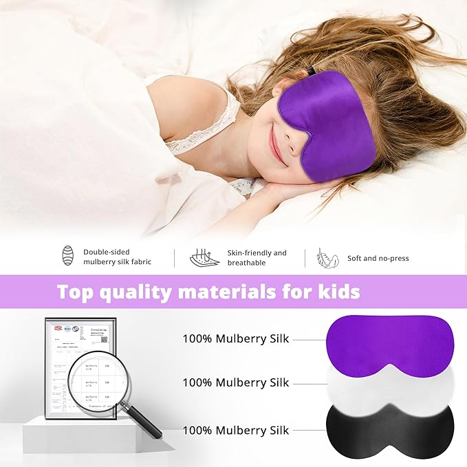 Kids Sleep Mask Eye Cover, 100% Real Natural Pure Silk Eye Mask with Adjustable Strap, Blindfold Kids Eye Mask for Sleeping, Eye Shade for Boys Girls and Adult, Pressure-Free Comfort (Violet)