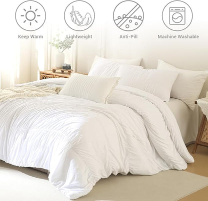 Lady Ann Oversized King Size Comforter Sets 128x120- White Ruched Bedroom Sets, Fluffy Bedding Comforter Sets, Soft & Luxurious All Season Bed Sets for Women Men, 3pcs