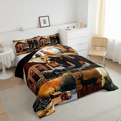 Erosebridal Rustic Lodge Comforter Set Toddler Size Bear Deer Fox Cabin Bedding Set for Kids Teens Adult | Country Woodland Animals Duvet Insert Vintage Barn Pine Trees Brown Black Quilt,2 Piece