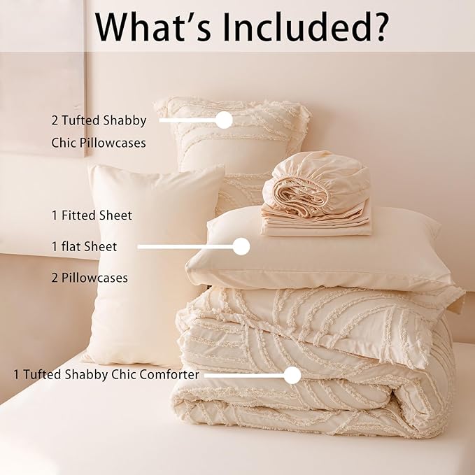 Beige Queen Comforter Set - 7 Pieces Bed in a Bag, Premium Comforters Queen Size Bed Set Tufted Shabby Chic Bedding Comforter Set with Flat Sheet, Fitted Sheet and Pillowcases,Beige