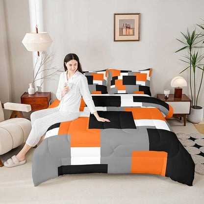 Castle Fairy Modern Abstract Art Comforter Set,Orange Grey Black Bedding Set Kids Teens Modern Decor,Geometric Grid Square Splicing Comforter with 1 Pillowcase for All Seasons,Twin