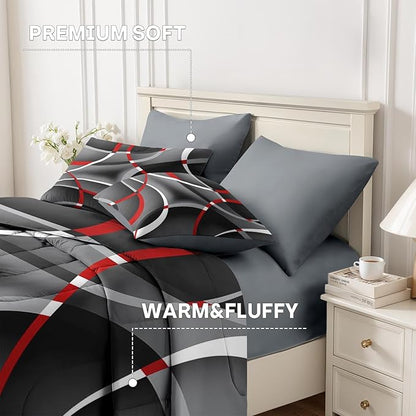 Nesker 7 Pcs Comforter Set Queen Size, Modern Gray Black Red Swirls Bedding Set for Kids and Adults, Stripes Circle Lines Geometric Sheets Bed Sheet Sets with Fitted Sheet 2 Pillowcases & 2 Shams