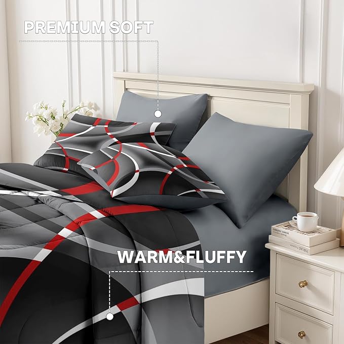 Nesker 5 Pcs Comforter Set Twin Size, Modern Gray Black Red Swirls Bedding Set for Kids and Adults, Stripes Circle Lines Geometric Bed Sheet Sets with Fitted Sheet Pillowcases & Shams