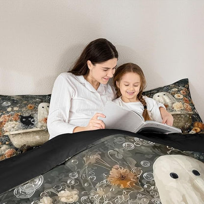 Erosebridal Halloween Vintage Ghost Queen Comforter Set, Boho Floral Boho Bathtub Bedding Set for Kids Boys Girls Halloween Bedroom Decor, Mystical Ghost Cat Comforter, Spooky Bubble Bath Art Quilt