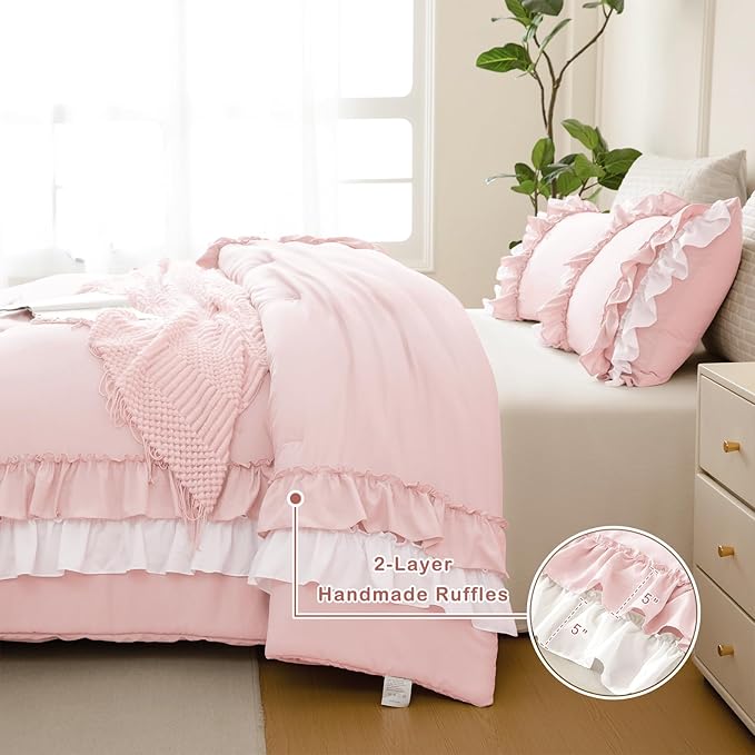 Masaca Pink Comforter Set Queen,Farmhouse Shabby Boho Chic Bedding White Ruffle Comforter Vintage Rustic French Country Bedding Set 3PCS (1 Ruffled Comforter and 2 Pillowcases)