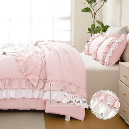 Masaca Ruffle Comforter Full Size,3 Pieces Farmhouse Shabby Boho Chic Bedding Sets Full,Women Girls Bedroom Vintage Rustic French Country Pink and White Bedding Comforter Set for All Season
