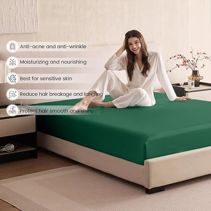 THXSILK 6A+ Top Grade 100% Pure Mulberry Silk Full Fitted Sheet 3Pcs Set Bed Sheets Luxury Bedding for Hair and Skin Healthy Natural Materials, 1 Fitted Sheet with 2 Pillowcases, Emerald Green