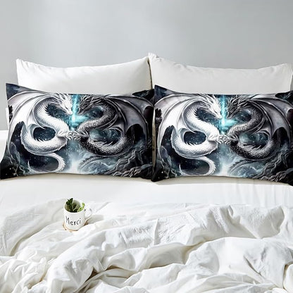 Erosebridal Dragon Queen Size Bedding Set, West Wildlife Comforter Set for Teens Adult Youth Men Room, Ancient Animal Down Comforter for All Seasons, Black White