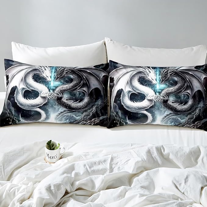 Erosebridal Dragon Toddler Size Bedding Set, West Wildlife Comforter Set for Teens Adult Youth Men Room, Ancient Animal Down Comforter for All Season, Black White